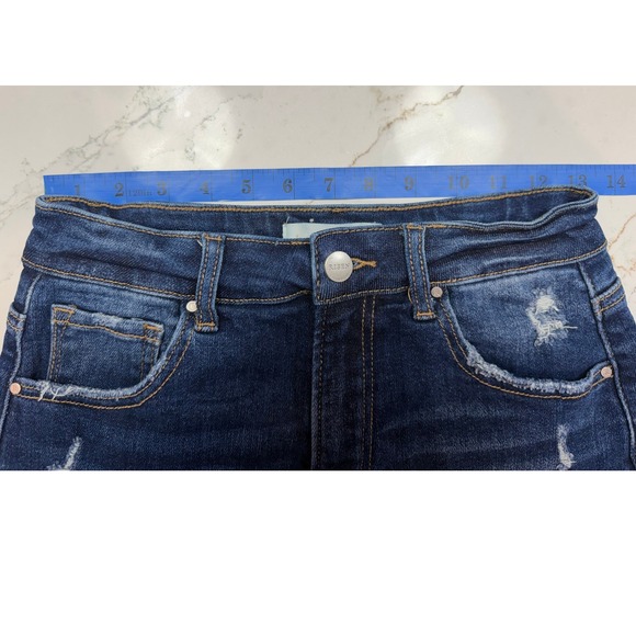Risen Jeans Womens High Rise Distressed Raw Hem Denim Shorts Dark Wash S - Picture 6 of 10